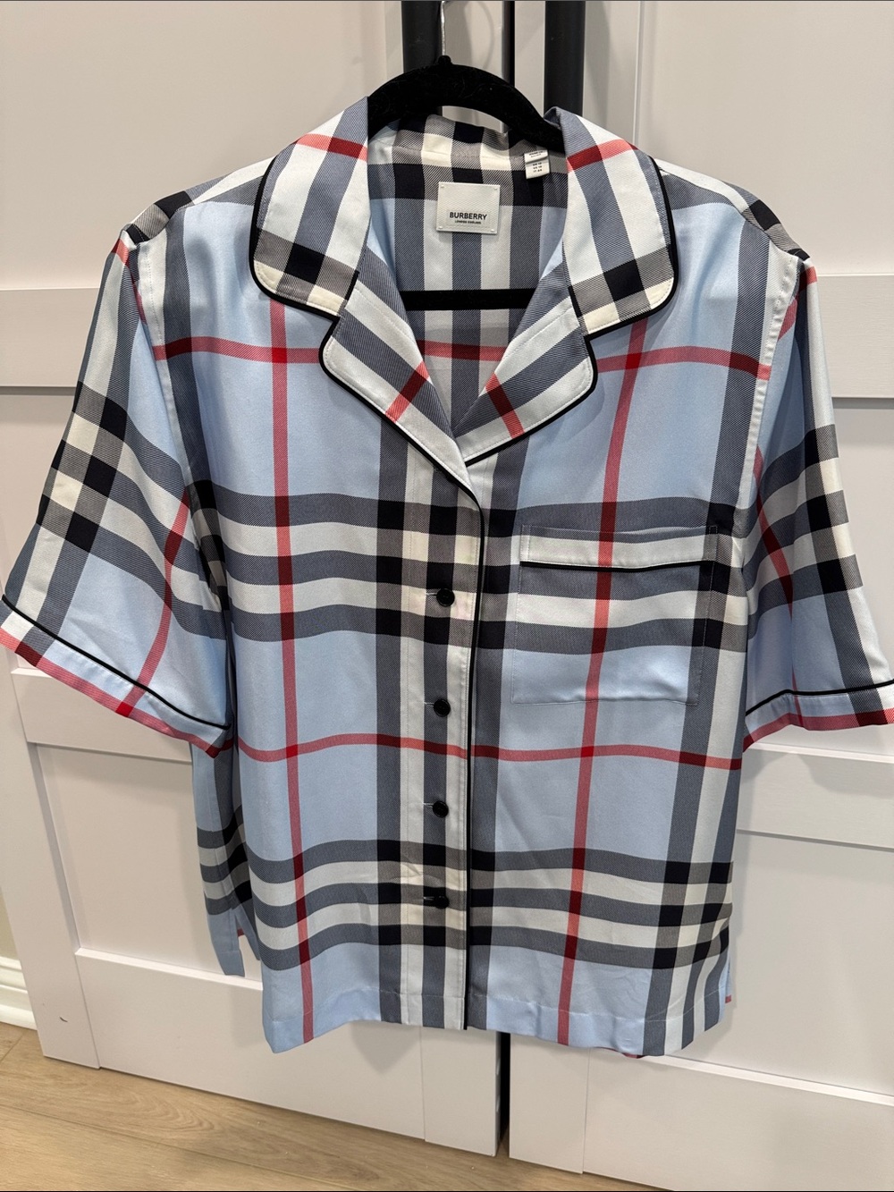 Burberry Light Blue Checkered Short-Sleeve Button silk Shirt